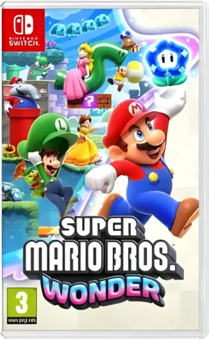 Carátula de Super Mario Bros. Wonder para Nintendo Switch con Mario en acción sobre un fondo colorido.