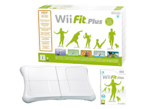 Caja del videojuego Wii Fit Plus para Nintendo Wii, enfocado en ejercicio y bienestar.